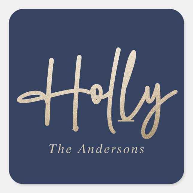 Adesivo Quadrado Dourado marinho azul moderno, script mínimo elegan (Frente)