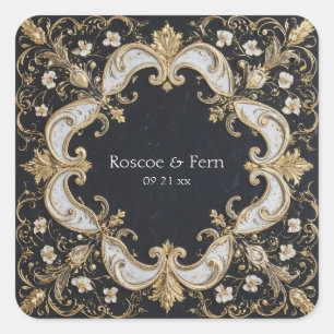 Adesivo Quadrado Dourado Opulento Barroco Branco Floral Preto Casam