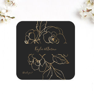 Adesivo Quadrado Dourado Preto Floral Vinculado e Dourado Obrigado