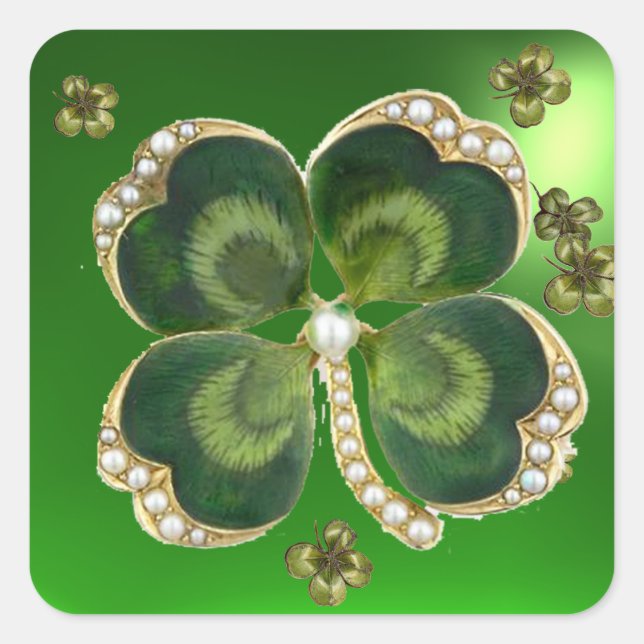 Adesivo Quadrado Dourado Saint Patrick Shamrock Jewel com Pérolas (Frente)