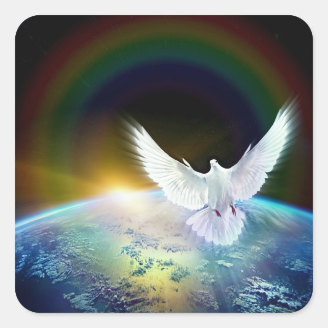 Adesivo Quadrado Dove of Peace Santa Spirit sobre a Terra com Rainb (Frente)