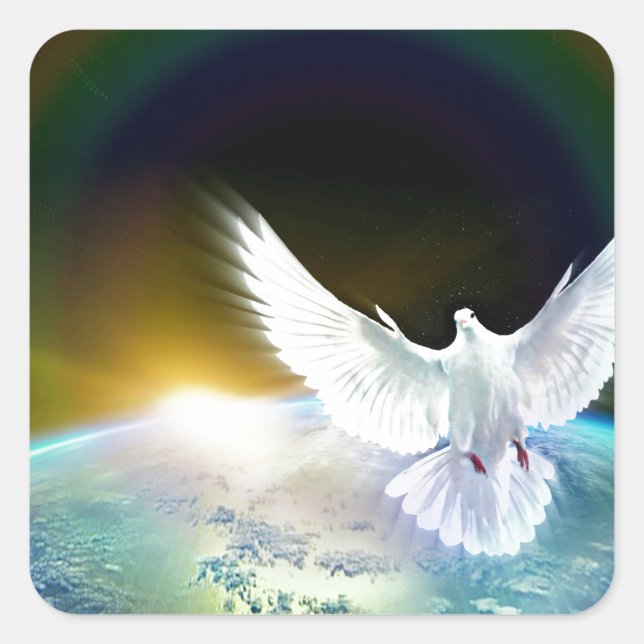 Adesivo Quadrado Dove of Peace Santa Spirit sobre a Terra com Rainb (Frente)