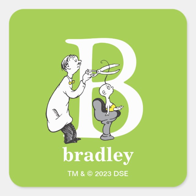 Adesivo Quadrado Dr. Seuss ABC: Carta B - Branco | Adicione seu nom (Frente)