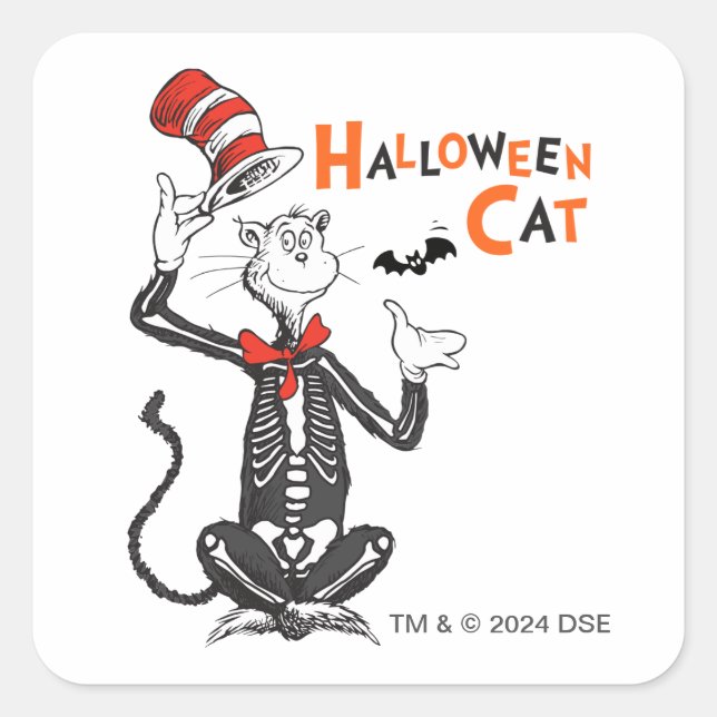 Adesivo Quadrado Dr. Seuss | Gato de Halloween no Chapéu (Frente)
