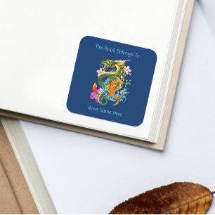 Adesivo Quadrado Dragão chinês verde Koi Bookplate