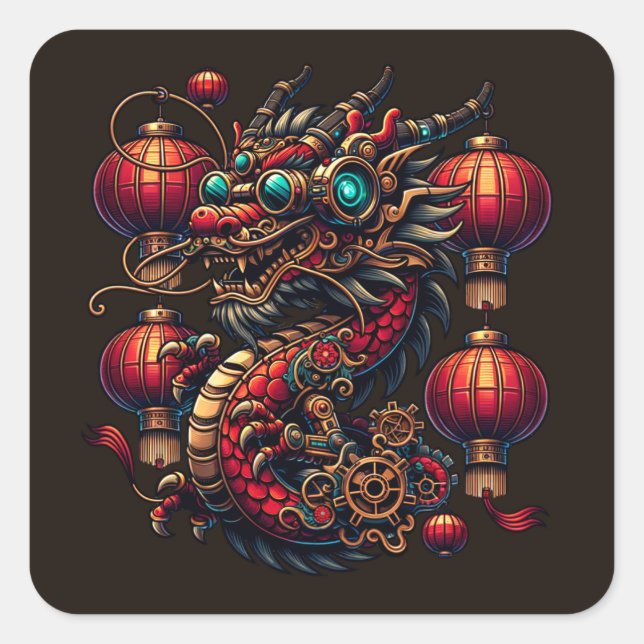 Adesivo Quadrado Dragão de Ano Novo Chinês Steampunk (Frente)