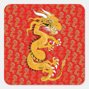 Adesivo Quadrado Dragão Dourado em Vermelho