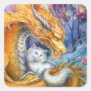 Adesivo Quadrado Dragão Fiery e Gato Branco em Floresta Mística