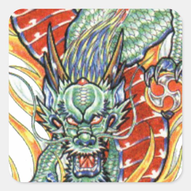 Adesivo Quadrado Dragão japonês e Flor de Lotus (Frente)