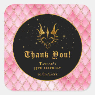Adesivo Quadrado Dragão Rosa Escala Dourado Aniversário Obrigado