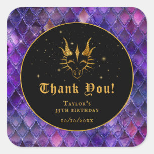 Adesivo Quadrado Dragão Roxo Escala Dourado Aniversário Obrigado