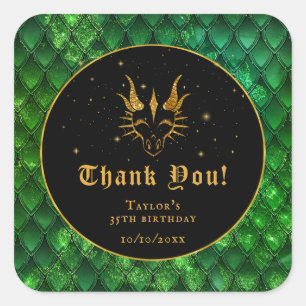 Adesivo Quadrado Dragão Verde Escala Dourado Aniversário Obrigado