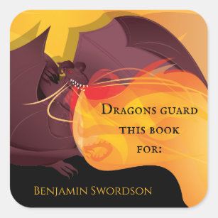 Adesivo Quadrado Dragões Guarda Este Livro Incêndio Púrpura Placa V