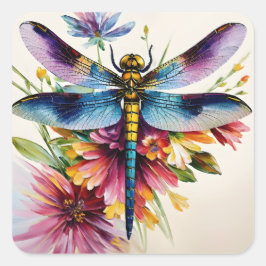 Adesivo Quadrado Dragonfly Com Flores Multicolor Art
