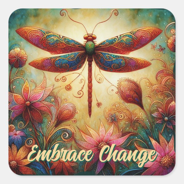 Adesivo Quadrado Dragonfly Floral Abstrato-Art Teal Rosa (Frente)