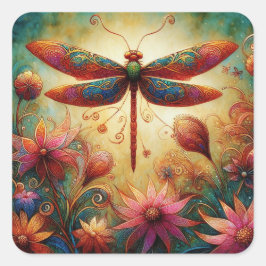 Adesivo Quadrado Dragonfly Floral Abstrato-Art Teal Rosa