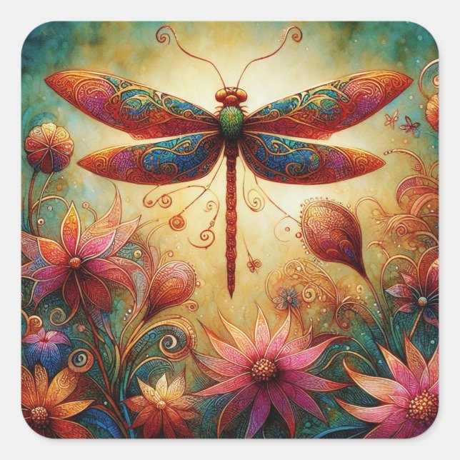 Adesivo Quadrado Dragonfly Floral Abstrato-Art Teal Rosa (Frente)