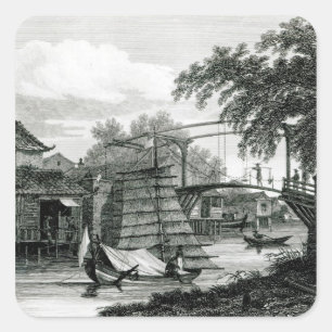 Adesivo Quadrado Drawbridge em Malacca, gravado por George Cooke