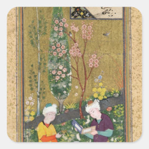 Adesivo Quadrado Duas figuras lendo e reaxando em um pomar
