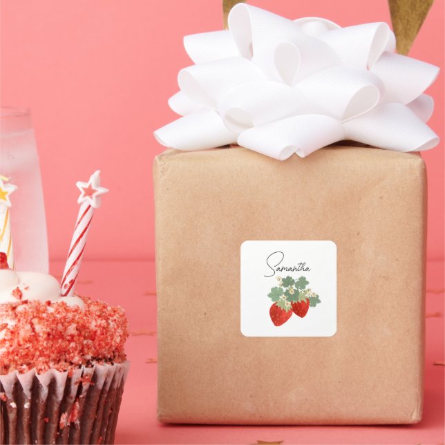 Adesivo Quadrado Duas Morangos Vermelhos com Folhas e Flores | Frut (Festa)