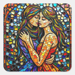 Adesivo Quadrado Duas Mulheres no Estilo de Azulejo Mosaico Arte Ai