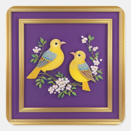Adesivo Quadrado Duas Pássaros no Quadro Dourado Ornamentado