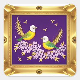 Adesivo Quadrado Duas Pássaros no Quadro Dourado Ornamentado