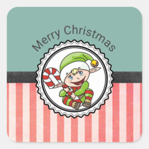 Adesivo Quadrado Duende bonito do feriado com Feliz Natal do bastã