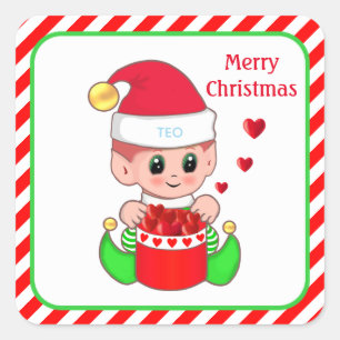 Adesivo Quadrado duende de Natal, corações & texto editável