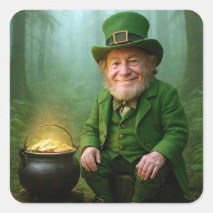 Adesivo Quadrado Duende Irlandês com um Caldeirão de Ouro