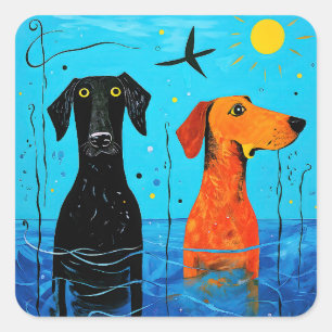 Adesivo Quadrado "Duo Aquático de Alegria" - Cães Coloridos Surreai
