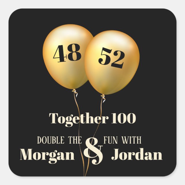 Adesivo Quadrado Dupla Celebração Conjunto Aniversário Ouro e Preto (Frente)