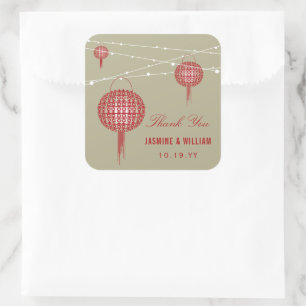 Adesivo Quadrado Dupla Felicidade Lanternas Chinesas para Casamento