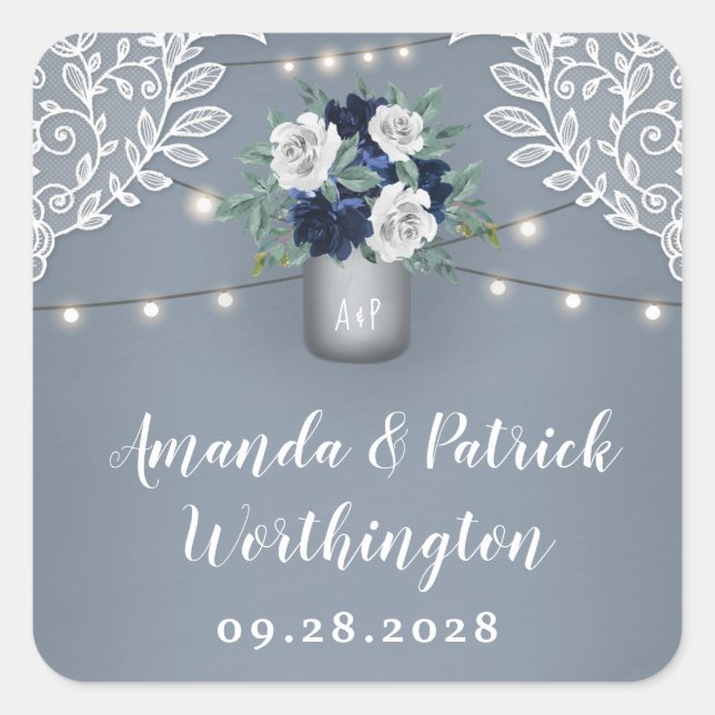 Adesivo Quadrado Dusty Blue Country White Lace Mason Jar Weding (Frente)