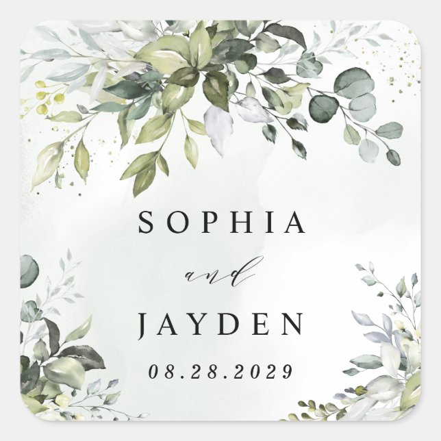 Adesivo Quadrado Dusty Blue Eucalyptus Greenery Casamento Suculento (Frente)