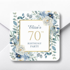 Adesivo Quadrado Dusty Blue Floral 70 Birthday Favor