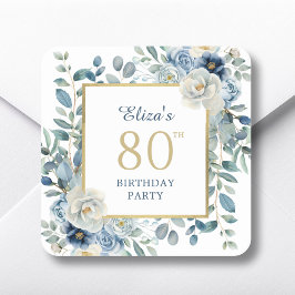Adesivo Quadrado Dusty Blue Floral 80 Birthday Favor