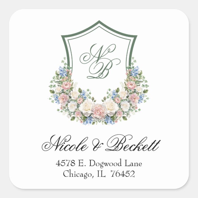 Adesivo Quadrado Dusty Blue Floral Crest Endereço de Devolução de C (Frente)