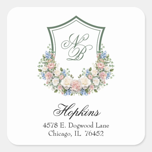 Adesivo Quadrado Dusty Blue Floral Crest Endereço de Devolução de C (Frente)
