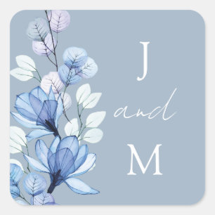 Adesivo Quadrado Dusty Blue Monograma Floral Weding Favor