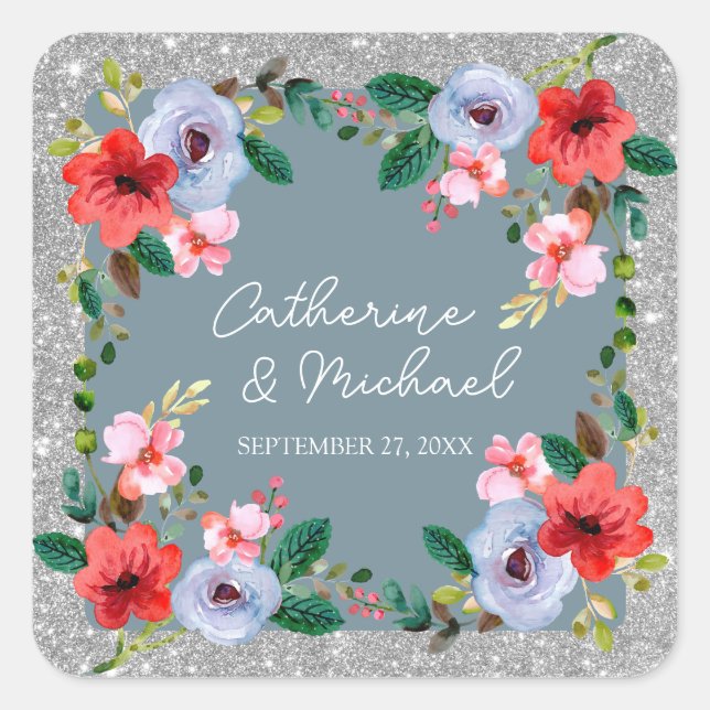 Adesivo Quadrado Dusty Blue Silver Glitter Watercolor Floral (Frente)