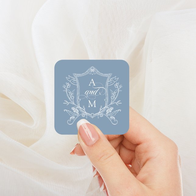 Adesivo Quadrado Dusty Blue Vintage Crest Casamento (Criador carregado)