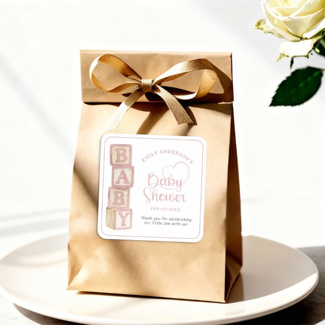 Adesivo Quadrado Dusty Rose Baby Blocks Baby Shower Favor Sticker (Baby Shower Favor Sticker)
