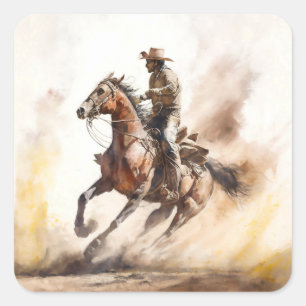 Adesivo Quadrado Dusty Western Watercolor Cowboy Correndo Mustang