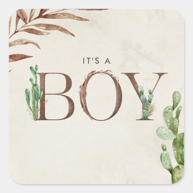 Adesivo Quadrado É um Chá de fraldas de couro de um menino Cactus (Frente)