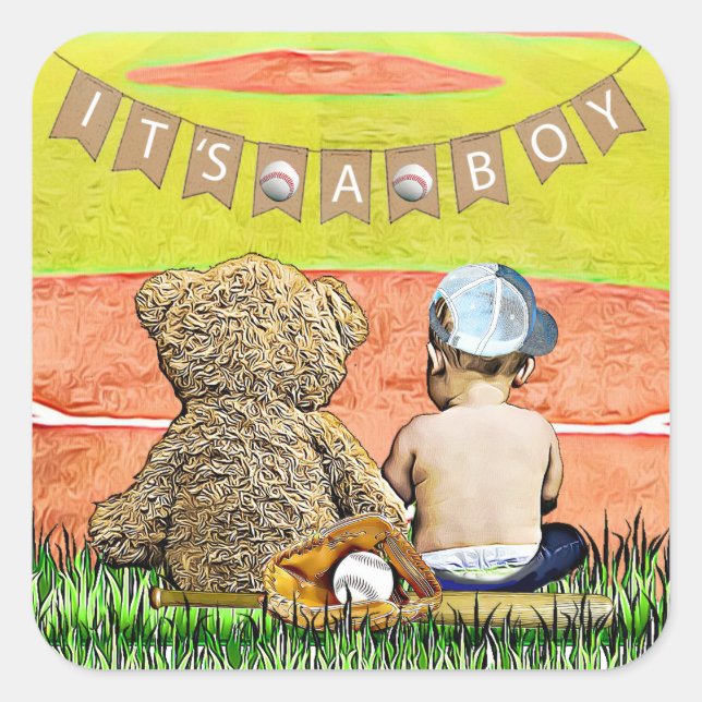 Adesivo Quadrado É um garoto, focas de Chá de fraldas com beisebol (Frente)