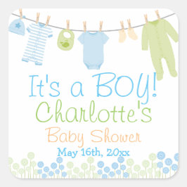 Adesivo Quadrado É um menino! Lil Roupas Azul e Chá de fraldas Verd