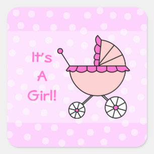 Adesivo Quadrado É uma menina! Carruagem de bebê cor-de-rosa
