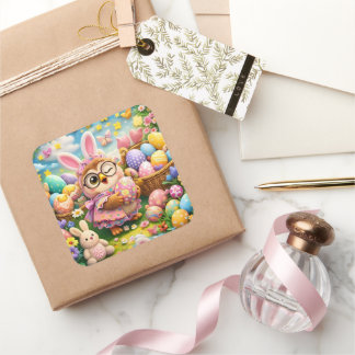 Adesivo Quadrado Easter bunny and colourful eggs whimsical sticker 