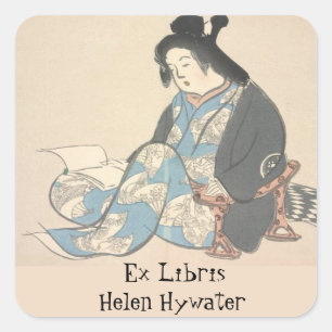 Adesivo Quadrado Edição de uma dama japonesa lendo um livro